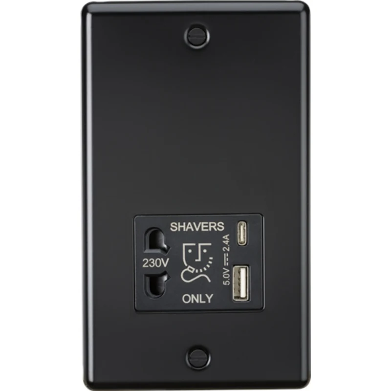 KnightsBridge 230V Raised Round Edge Shaver Socket with Dual USB A+C - Matt Black